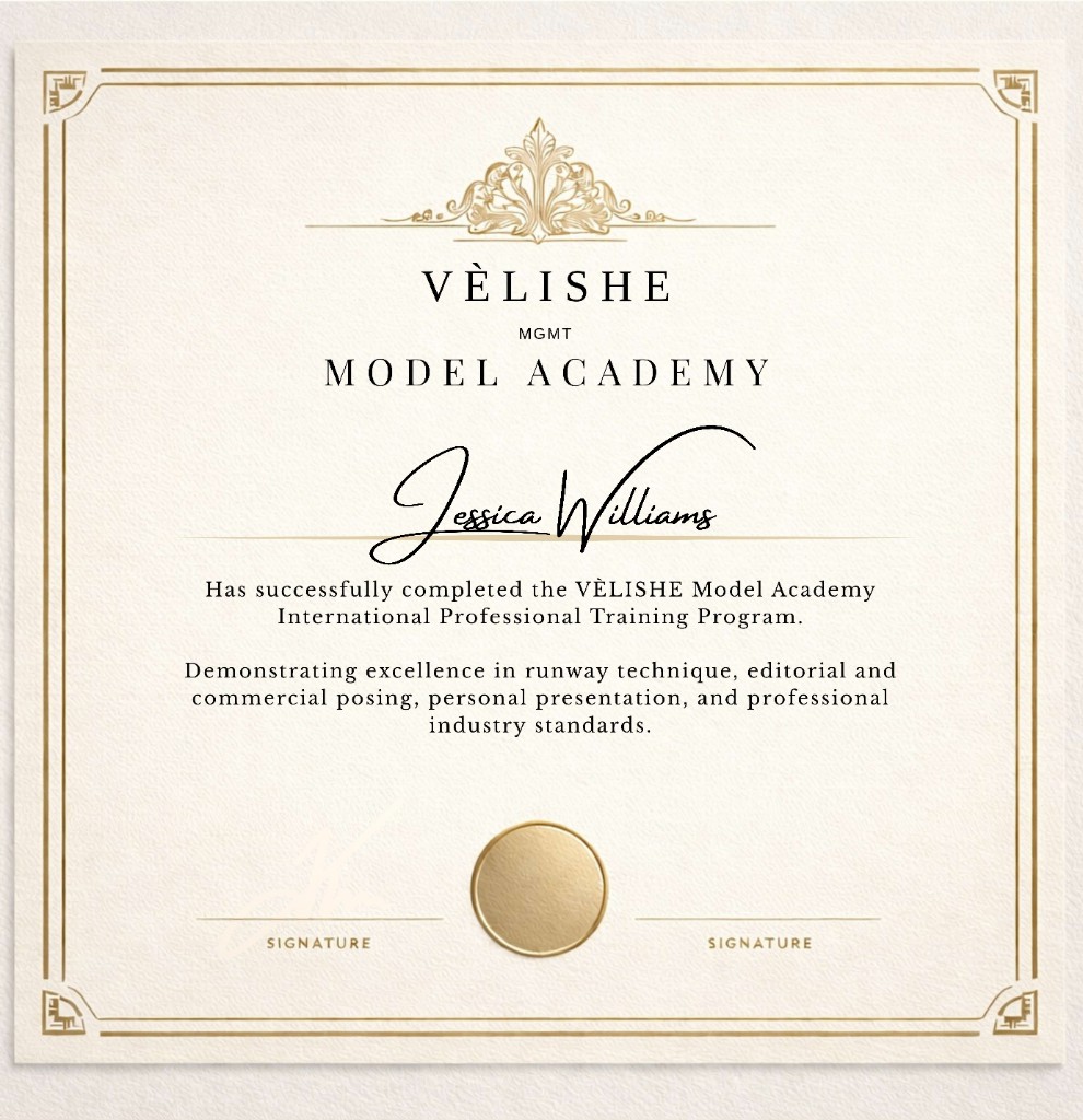 VÉLISHE Model Academy certificate of completion